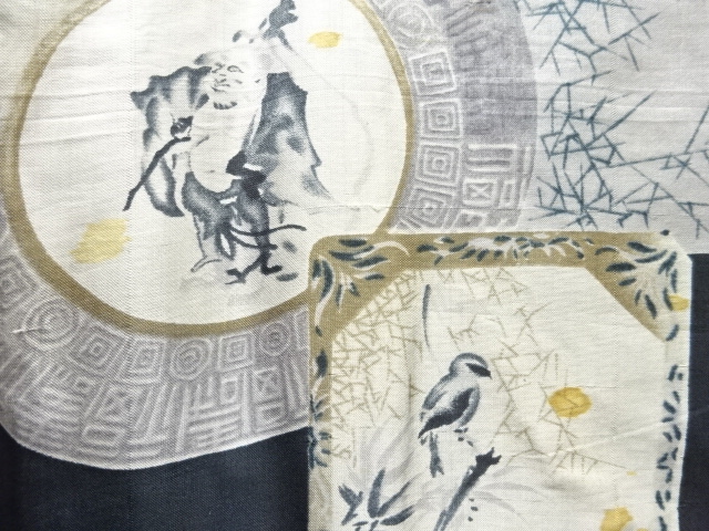 JAPANESE KIMONO / ANTIQUE MENS HAORI / SILK / DORO OSHIMA TSUMUGI / PEOPLE IN THE PAST & BIRDS (lining)